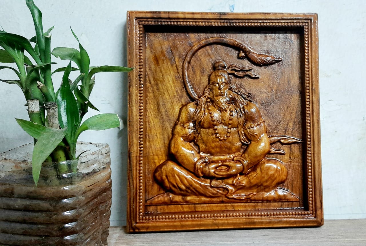 Picture of Lord Hanuman - Wooden Statue - Natural Wood - Carving - 12 * 12 inch | Shivan Wooden Frame